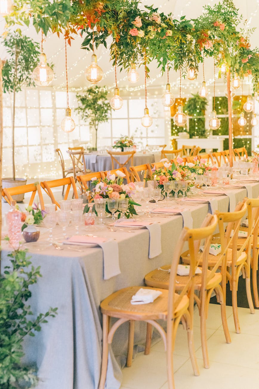 reception table with flower arrangements